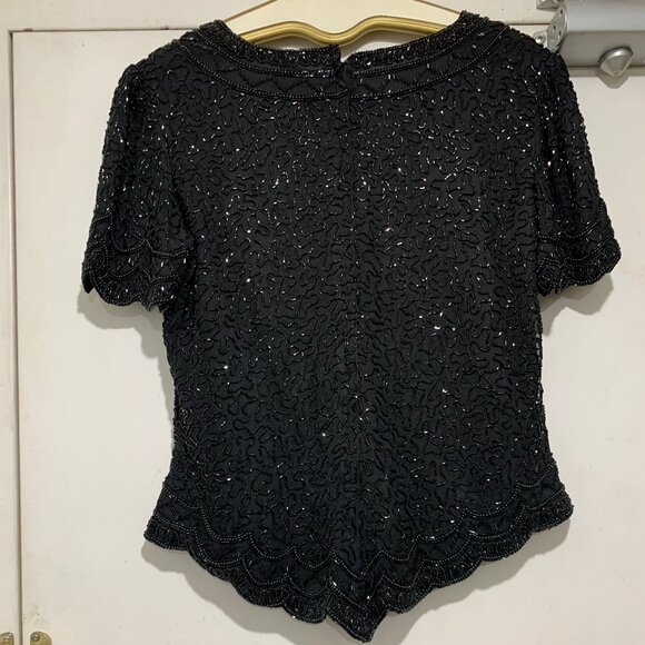 VINTAGE COTE d' AZUR SILK BEADED WAIST LENGTH SHORT SLEEVE BLOUSES SIZE L - Picture 3 of 8